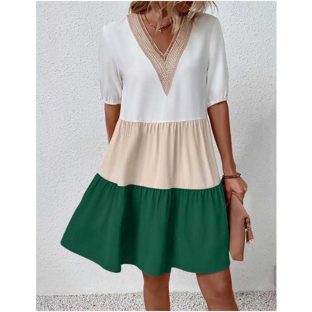 Boho Color Block Lace Oversized Mini Dress - Picture 3 of 13